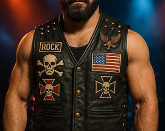 Chaleco de cuero con parches de rock para hombre / Chaleco estilo motero / Parches de calavera y águila / Cordones laterales / Tallas XS–6XL / Ropa de escenario y moda rock