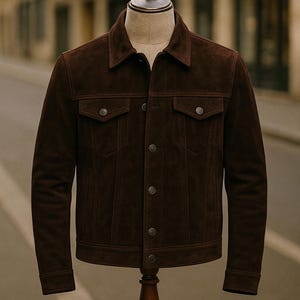 May include: A brown suede jacket with a classic design. The jacket has a collared neckline, two chest pockets, and button fastenings. It is displayed on a mannequin with a wooden stand, against a blurred street background.
