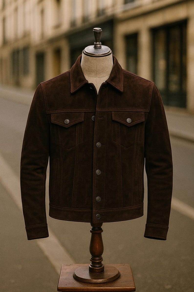 May include: A brown suede jacket with a classic design. The jacket has a collared neckline, two chest pockets, and button fastenings. It is displayed on a mannequin with a wooden stand, against a blurred street background.
