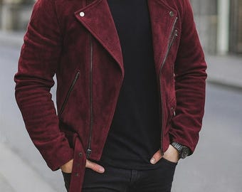 Chaqueta motera de ante para hombre en negro, marrón y burdeos / Chaqueta de cuero hecha a mano / Corte clásico entallado / Tallas XS-6XL / Regalo para él