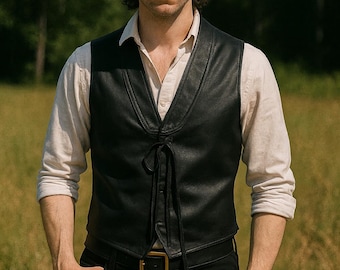 Chaleco de cuero genuino hecho a mano para hombre, estilo vaquero occidental, marrón, estilo rústico vintage, ropa clásica del oeste, regalo.