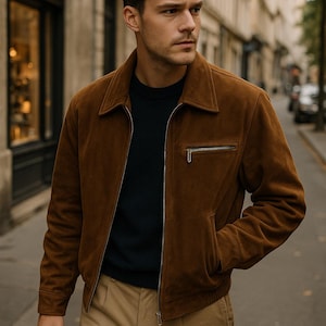 May include: A brown suede jacket with a zip closure and a small chest pocket. The jacket is worn over a black jumper and paired with beige trousers. The outfit is completed with a brown suede jacket, perfect for a casual yet stylish look.