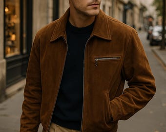 Chaqueta bomber de ante genuino para hombre / Chaqueta clásica marrón de otoño / Abrigo suave estilo vintage / Regalo hecho a mano para él