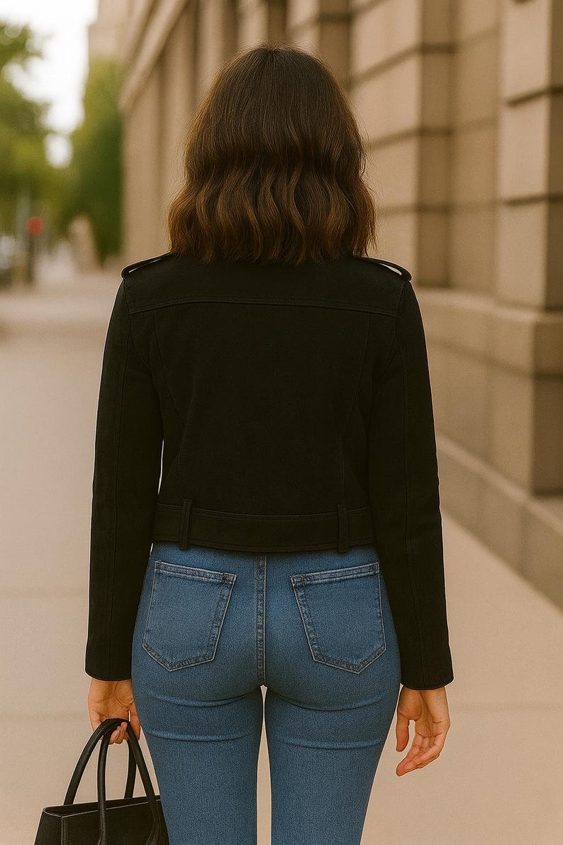 May include: A black jacket with a belt and blue jeans. The jacket has a classic design with a collar and shoulder accents. The jeans are a light blue wash. A black handbag is held in the hand.