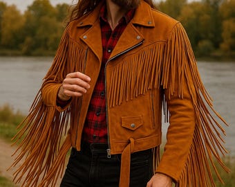 Chaqueta de ante con flecos para hombre, estilo western / Chaqueta de vaquero vintage con flecos / Chaqueta de ante auténtico / Estilo festival, bohemio, retro / XS