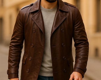 Gabardina de cuero negro para hombre / Chaqueta larga de cuero auténtico hecha a mano / Abrigo de invierno, regalo perfecto para él / Tallas XS-6XL / Corte a medida