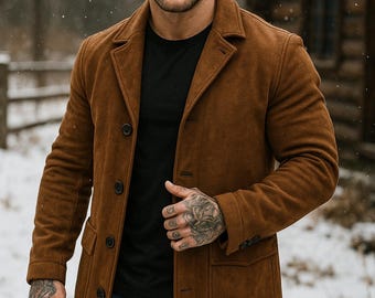 Abrigo largo de ante marrón para hombre / Abrigo de invierno de primera calidad / Prenda exterior rústica y elegante / Chaqueta de ante hecha a mano / Abrigo elegante e informal para hombre