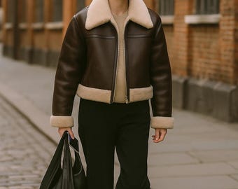 Women’s Shearling Aviator Jacket – Luxury Winter Leather Coat with Soft Wool Collar | Black, Brown, Chocolate Brown, Navy Blue | XS–6XL