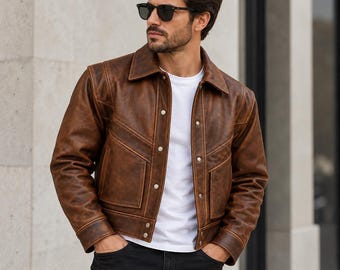 Men’s Genuine Brown Leather Jacket | Classic Western Style Real Leather Coat | Handmade Vintage Look Outerwear | Custom Sizes XS–6XL