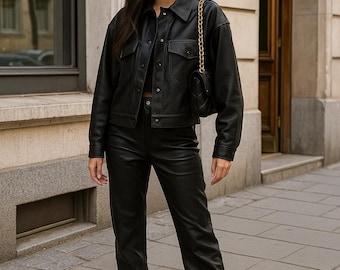 Genuine Leather Jacket and Pant Set for Women | Real Leather Outfit | Black and Brown | XS–6XL | High-Waist Pants & Cropped Jacket