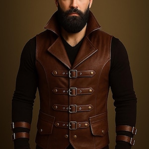 May include: A brown leather vest with a notched collar and multiple buckle closures. The vest has a tailored fit and is worn over a black long-sleeve shirt. The overall style is reminiscent of steampunk or vintage fashion.