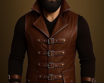 Men’s Steampunk Leather Vest | Gothic Buckle Strap Vest | Vintage Black & Brown Leather Waistcoat | Handmade Festival Outfit | XS–6XL