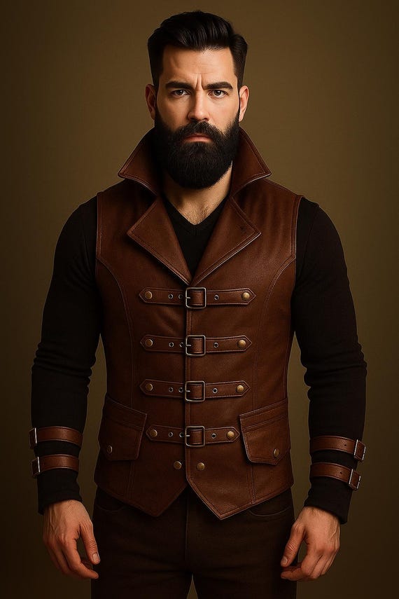 Men’s Steampunk Leather Vest | Gothic Buckle Strap Vest | Vintage Black & Brown Leather Waistcoat | Handmade Festival Outfit | XS–6XL