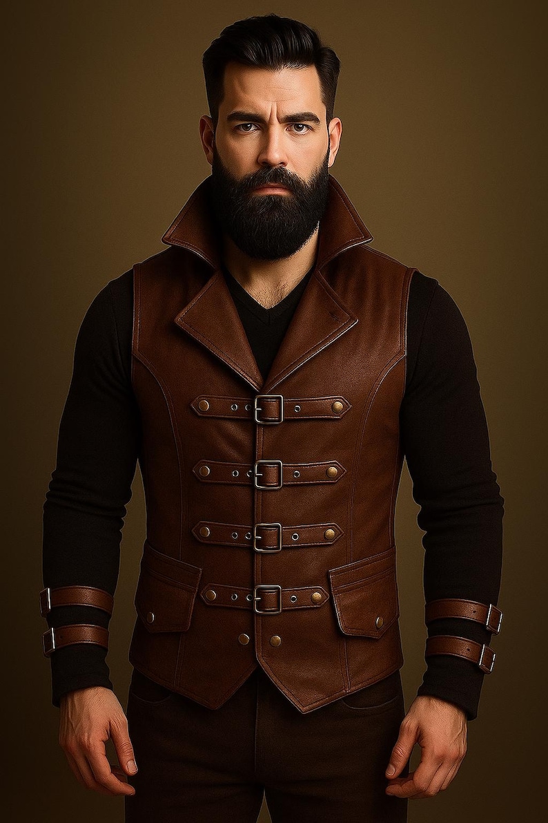 May include: A brown leather vest with a notched collar and multiple buckle closures. The vest has a tailored fit and is worn over a black long-sleeve shirt. The overall style is reminiscent of steampunk or vintage fashion.