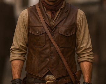 Chaleco vaquero de cuero auténtico hecho a mano para hombre / Chaleco estilo western vintage / Chaleco de motociclista de cuero genuino marrón / Traje del lejano oeste / Tallas XS-6XL