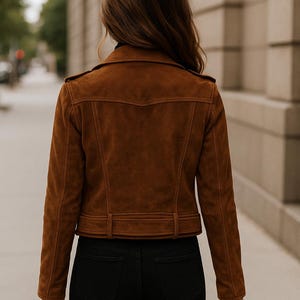 May include: A brown suede jacket with a classic design, featuring a notched collar, shoulder epaulets, and a belted waist. The jacket is paired with black jeans. The person is walking on a sidewalk.