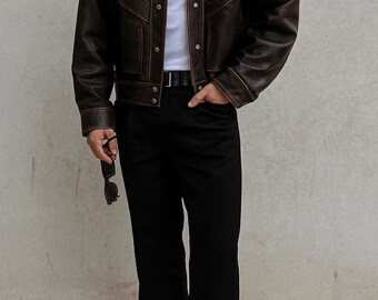 Chaqueta de cuero genuino marrón para hombre / Abrigo clásico de cuero auténtico estilo western / Abrigo de aspecto vintage hecho a mano / Tallas personalizadas XS-6XL