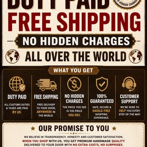 K&ouml;nnte beinhalten: Eine beige Infografik mit dunkelbraunem Text, die Versand- und Servicebedingungen erl&auml;utert. Sie enth&auml;lt &Uuml;berschriften wie DUTY PAID, FREE SHIPPING und OUR PROMISE TO YOU sowie Symbole f&uuml;r weltweite Lieferung, Kundensupport und Zufriedenheit.