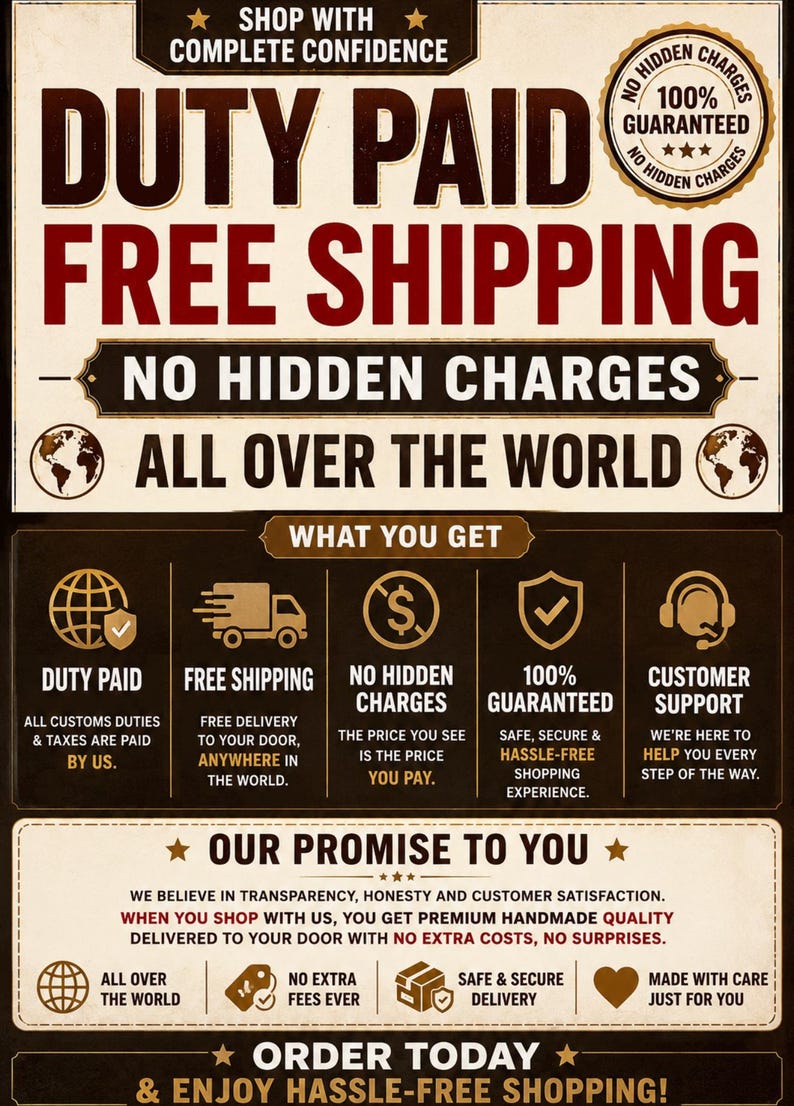 K&ouml;nnte beinhalten: Eine beige Infografik mit dunkelbraunem Text, die Versand- und Servicebedingungen erl&auml;utert. Sie enth&auml;lt &Uuml;berschriften wie DUTY PAID, FREE SHIPPING und OUR PROMISE TO YOU sowie Symbole f&uuml;r weltweite Lieferung, Kundensupport und Zufriedenheit.