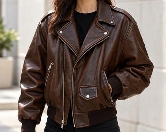 Oversized Women’s Brown Leather Jacket | Vintage Moto Biker Coat | Soft Real Leather Outerwear | Handmade Jacket | Fall Winter Fashion