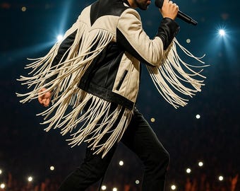 Chaqueta de cuero bicolor con flecos para hombre – Estilo vaquero western, abrigo vintage rock con flecos, chaqueta de motociclista hecha a mano, atuendo para festivales