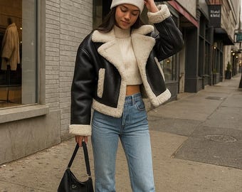 Women’s Shearling Aviator Jacket | Winter  Leather Coat with Fur Lining | Sizes XS–6XL | Brown, Black, Chocolate, Blue, Navy