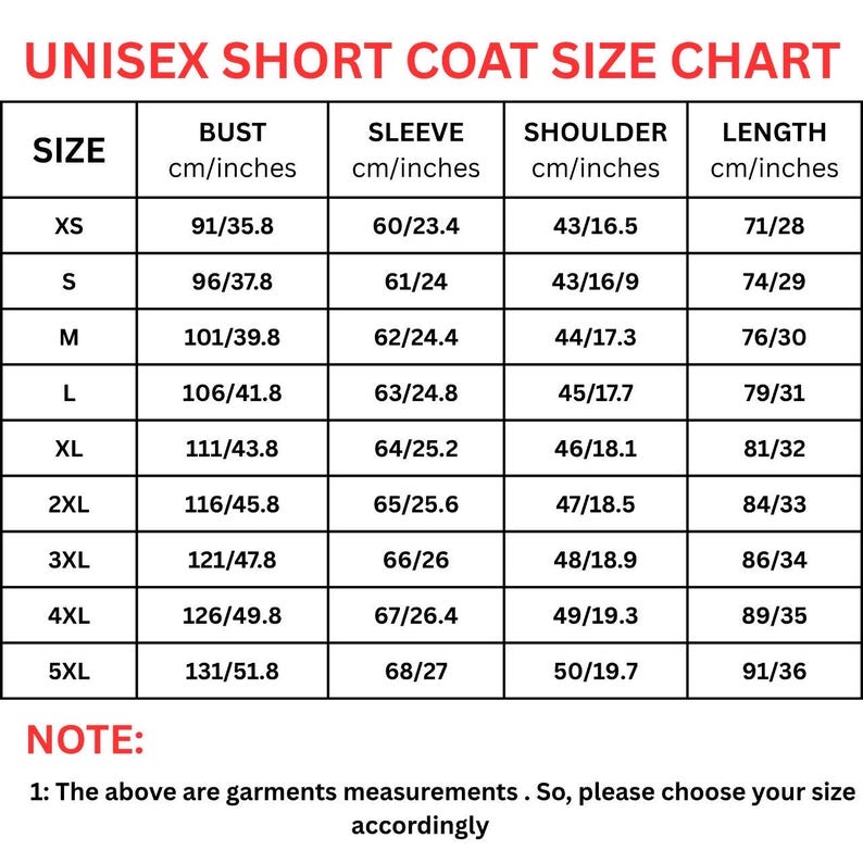 Puede incluir: Tabla de tallas para un abrigo corto unisex, con medidas en cent&iacute;metros y pulgadas. La tabla incluye medidas de busto, manga, hombro y largo para las tallas XS a 5XL. Una nota al pie aconseja elegir la talla correspondiente.