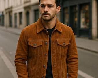 Chaqueta vaquera de ante para hombre: piel auténtica de ante en marrón chocolate, tostado y negro. Chaqueta vaquera hecha a mano. Regalo vintage de ropa urbana para él.