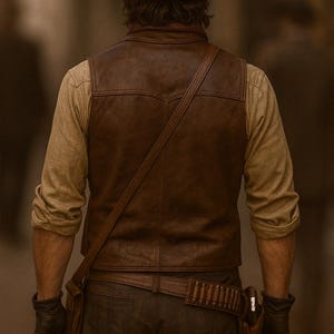 Op de afbeelding: Een persoon draagt een bruin leren vest, hoed en handschoenen, met een pistoolholster en riem. De persoon staat met de rug naar de camera, met een beige overhemd onder het vest. De sc&egrave;ne roept een Western-thema op.