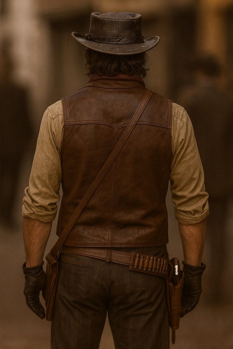 Op de afbeelding: Een persoon draagt een bruin leren vest, hoed en handschoenen, met een pistoolholster en riem. De persoon staat met de rug naar de camera, met een beige overhemd onder het vest. De sc&egrave;ne roept een Western-thema op.