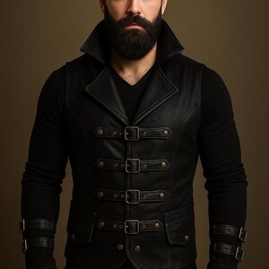 May include: A black leather vest with a notched collar and multiple buckle closures. The vest has two front pockets and is worn over a black long-sleeve shirt. The model has a full beard and dark hair.