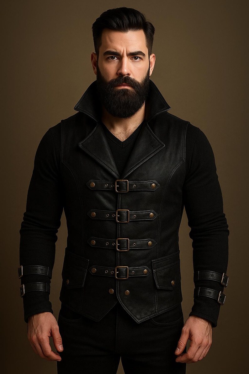 May include: A black leather vest with a notched collar and multiple buckle closures. The vest has two front pockets and is worn over a black long-sleeve shirt. The model has a full beard and dark hair.