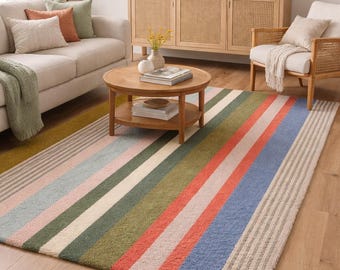 Hand Tufted Wool Striped Rug, Pastel Modern Decor
