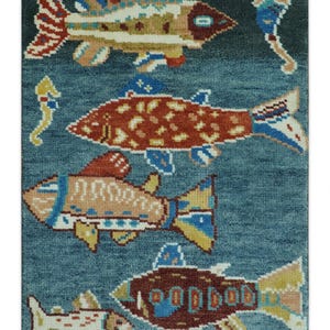 Hand Knotted Wool Oushak Rug, Fish Pattern Area Rug, Nautical Ocean Theme Carpet,Vintage Style Handmade Wool Rug, Kids Room Decor ‘8x10’ Rug