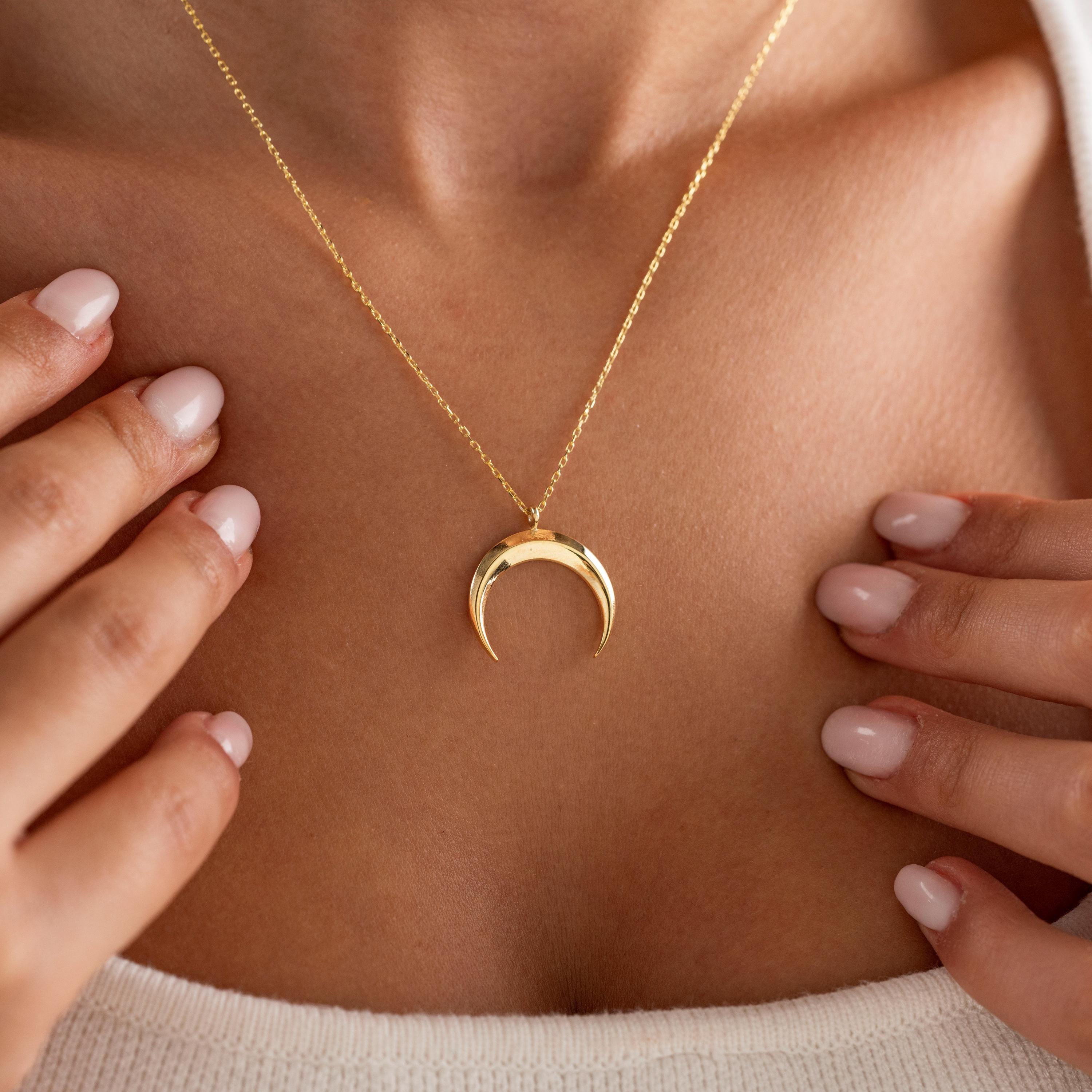 Collana Lunga Con Ciondolo Luna Mezzaluna Martellato – Placcato Argento, Gioiello Bohémien Minimalista Per Donna