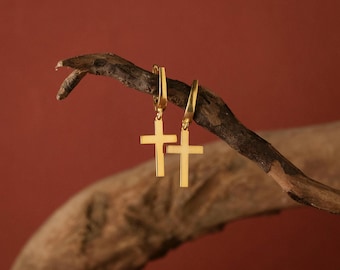 Kruisoorbellen • Sierlijke goudzilveren roségouden oorringen • Minimalistische kruishangeroorbellen • Alledaagse christelijke sieraden Cadeau voor vrouwen
