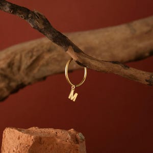 Könnte beinhalten: Ein goldfarbener Creolen-Ohrring mit einem kleinen Anhänger mit dem Buchstaben "M". Der Ohrring hängt an einem Ast vor einem dunkelroten Hintergrund. Der Ohrring ist ein schlichtes, elegantes Schmuckstück.
