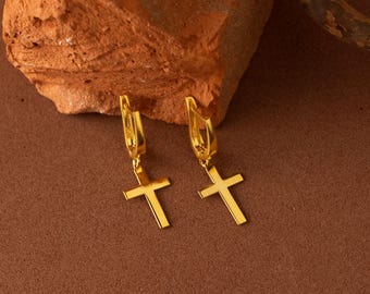 Dainty Cross Earrings • Gold Silver Rose Gold Hoop Earrings • Minimalist Cross Dangle Earrings • Christian Jewelry • Valentines Day Gift