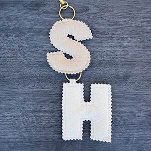 May include: A beige felt keychain with the letters "S" and "H". The letters are linked with gold-coloured rings and a gold-coloured clasp. The edges of the letters have a scalloped design. The background is a dark wood grain.
