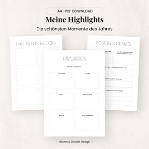 以下が含まれることがあります： 「Meine Highlights」と「Die sch&ouml;nsten Momente des Jahres」のテキストが入った、3枚の白い印刷可能なページ。ページには、「お気に入り」の本、映画、場所、人、音楽、レストランなどのジャーナリング用のセクションが含まれています。