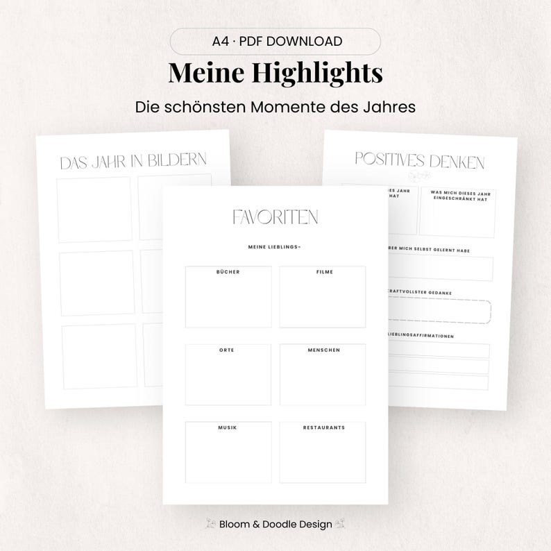 以下が含まれることがあります： 「Meine Highlights」と「Die sch&ouml;nsten Momente des Jahres」のテキストが入った、3枚の白い印刷可能なページ。ページには、「お気に入り」の本、映画、場所、人、音楽、レストランなどのジャーナリング用のセクションが含まれています。