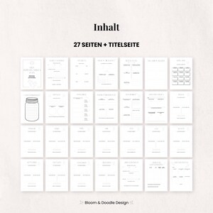 以下が含まれることがあります： 「Inhalt」の文字が上部に配置された、27ページとタイトルページのレイアウト。ページは白地で、黒い文字とイラストが描かれており、メイソンジャーのグラフィックも含まれています。画像の下部には「Bloom & Doodle Design」の文字があります。