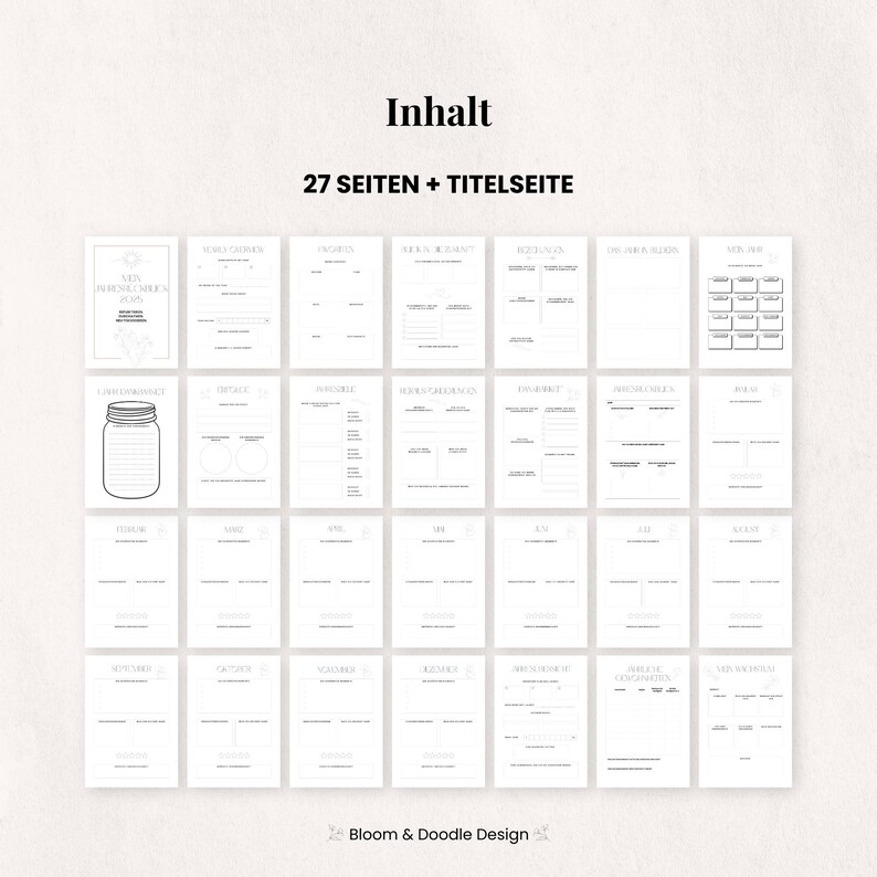 以下が含まれることがあります： 「Inhalt」の文字が上部に配置された、27ページとタイトルページのレイアウト。ページは白地で、黒い文字とイラストが描かれており、メイソンジャーのグラフィックも含まれています。画像の下部には「Bloom & Doodle Design」の文字があります。