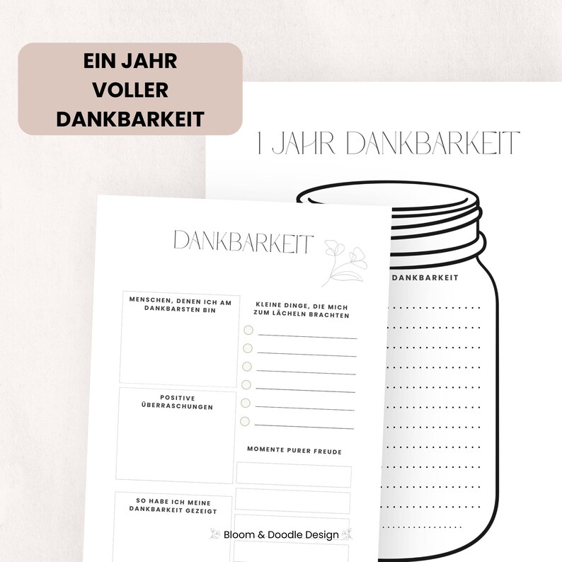 以下が含まれることがあります： 「Ein Jahr Voller Dankbarkeit」と「I Jahr Dankbarkeit」のテキストが入った感謝のジャーナル。人々、小さなこと、ポジティブな驚き、喜びの瞬間をリストするためのセクションが含まれています。ジャーのイラストも表示されています。