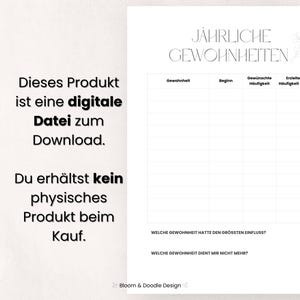 以下が含まれることがあります： 「J&Auml;HRLICHE GEWOHNHEITEN」と題された、デジタルダウンロードの習慣トラッカー。習慣、開始日、希望する頻度、達成された頻度を追跡するためのセクションが含まれています。左側のテキストは、物理的な製品ではなく、デジタルファイルであることを示しています。