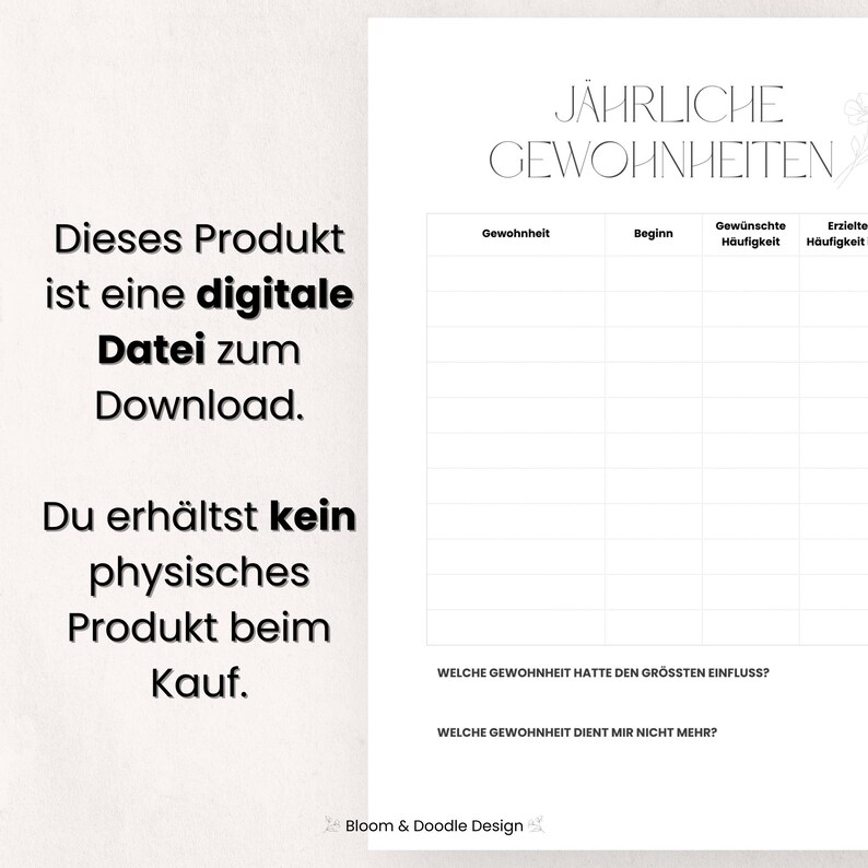 以下が含まれることがあります： 「J&Auml;HRLICHE GEWOHNHEITEN」と題された、デジタルダウンロードの習慣トラッカー。習慣、開始日、希望する頻度、達成された頻度を追跡するためのセクションが含まれています。左側のテキストは、物理的な製品ではなく、デジタルファイルであることを示しています。