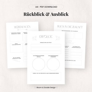 以下が含まれることがあります： 「R&uuml;ckblick & Ausblick」と「A4 PDF DOWNLOAD」のテキストが入った、3つの白い印刷可能なPDFページ。ページには、反省と将来の計画のためのセクションが含まれており、フローラルのアクセントがあります。