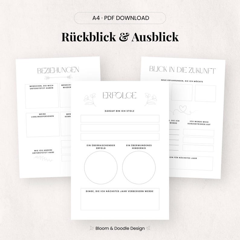 以下が含まれることがあります： 「R&uuml;ckblick & Ausblick」と「A4 PDF DOWNLOAD」のテキストが入った、3つの白い印刷可能なPDFページ。ページには、反省と将来の計画のためのセクションが含まれており、フローラルのアクセントがあります。