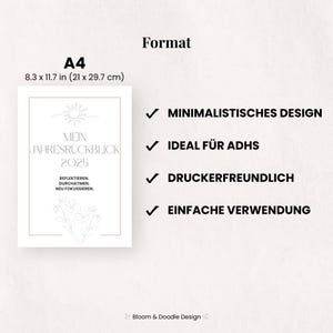 以下が含まれることがあります： A4サイズ（21 x 29.7 cm）のプランナーで、「MEIN JAHRESR&Uuml;CKBLICK 2025」のテキスト入り。デザインには太陽と花の要素が含まれています。特徴は、ミニマリストデザイン、ADHDに最適、印刷可能、使いやすいです。