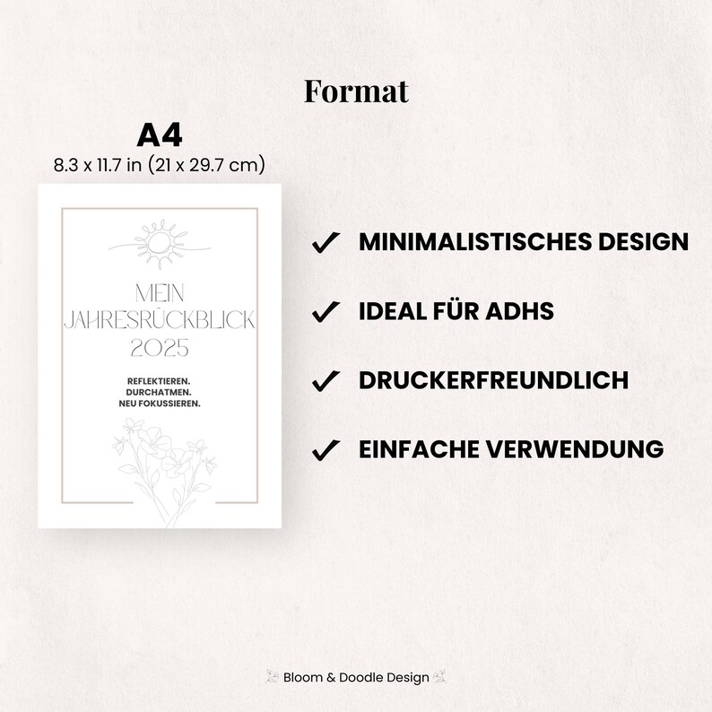 以下が含まれることがあります： A4サイズ（21 x 29.7 cm）のプランナーで、「MEIN JAHRESR&Uuml;CKBLICK 2025」のテキスト入り。デザインには太陽と花の要素が含まれています。特徴は、ミニマリストデザイン、ADHDに最適、印刷可能、使いやすいです。